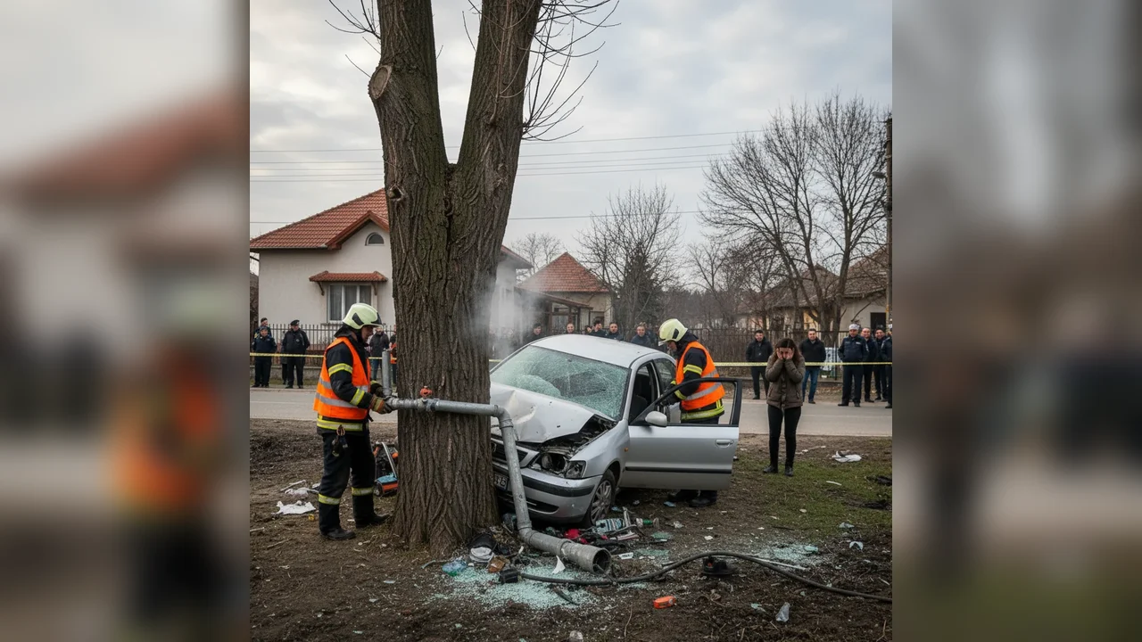 Mașină intră în copac și în conductă de gaz