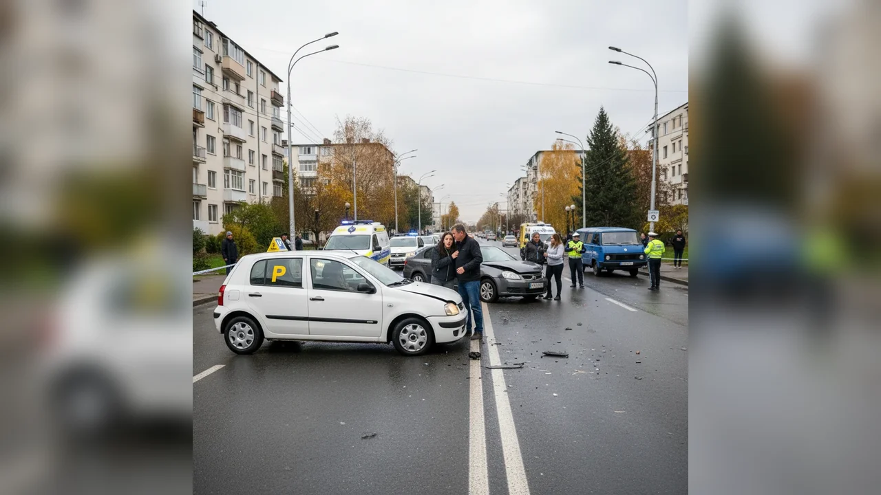 Șoferiță începătoare implicată într-un accident cu trei vehicule